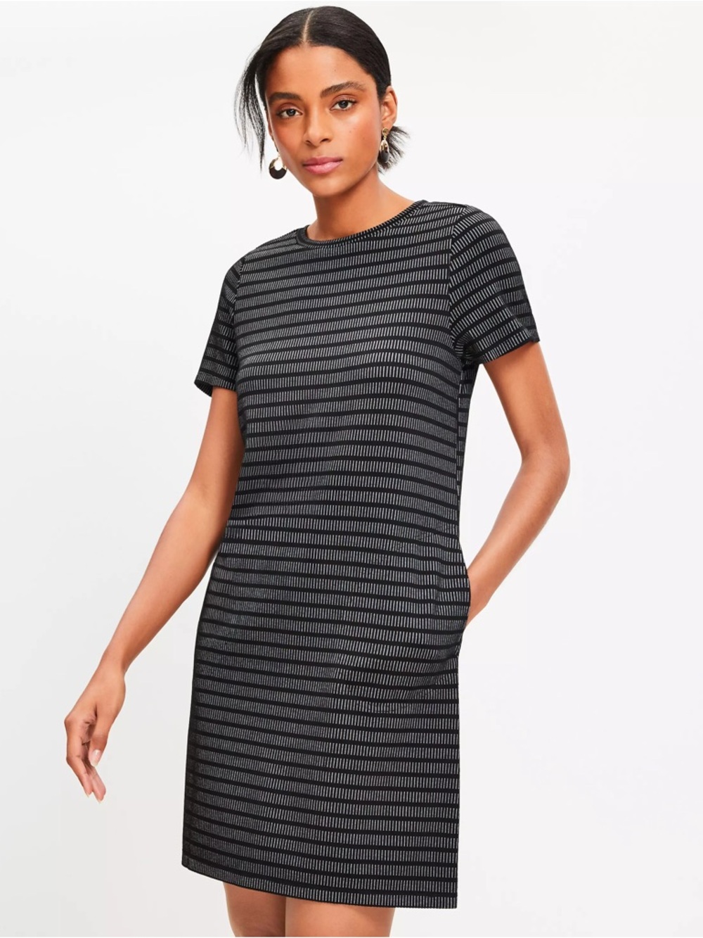 LOFT Black and Gray Short-Sleeve Striped Shift Mini Pocket Tee Dress